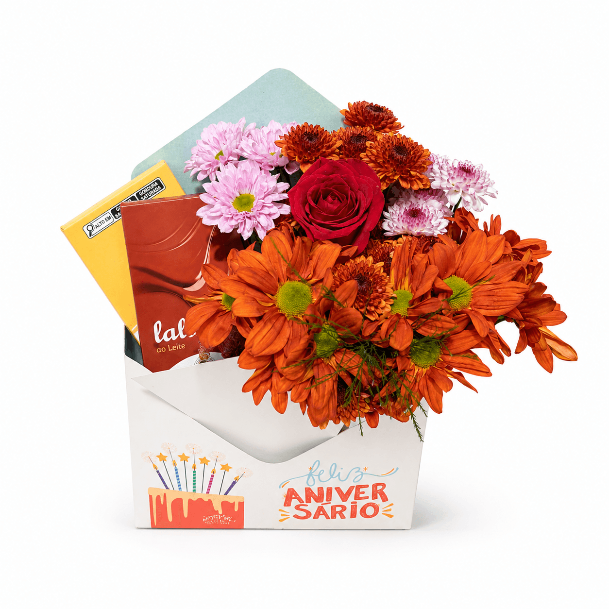 Caixa Envelope com Chocolates e Arranjo Floral